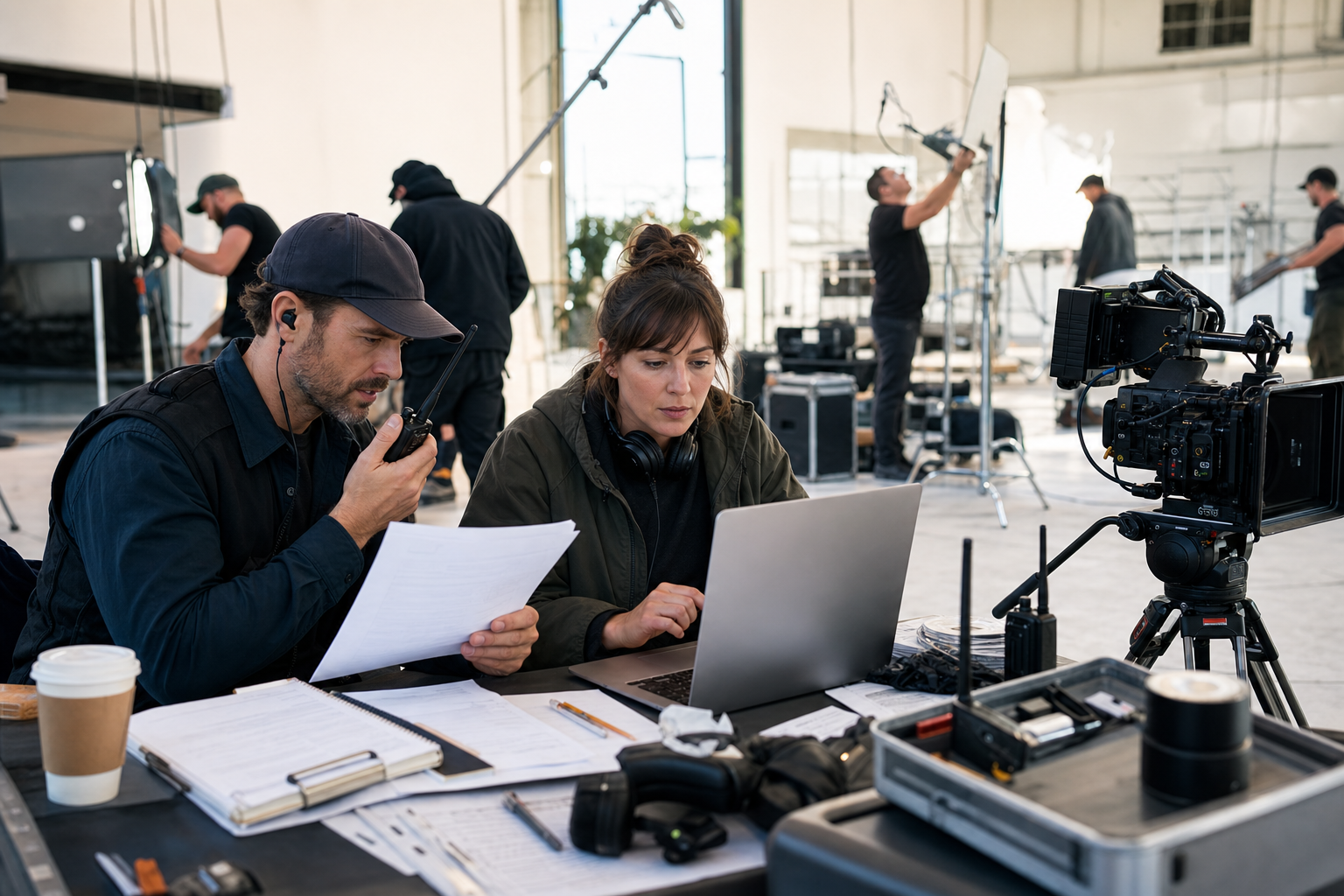 Assistant director and production coordinator finalizing a last-minute call sheet with crew on a bright film set