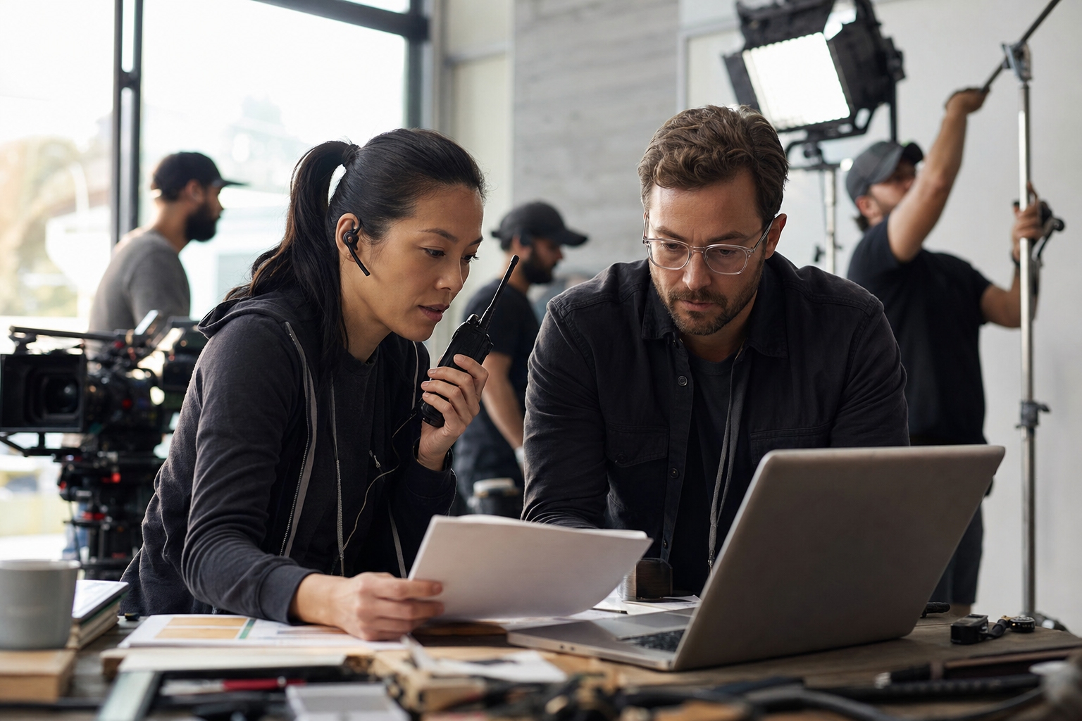 Assistant director and production coordinator revising a call sheet with crew nearby before a small commercial shoot