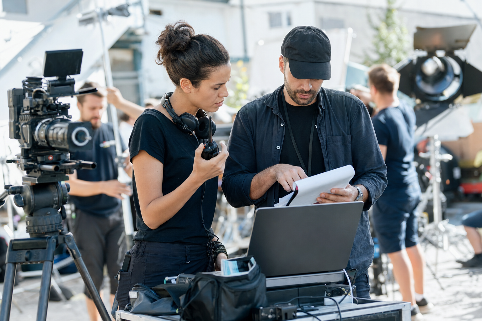 Assistant director and production coordinator reviewing a call sheet approval checklist on set before sending it to crew