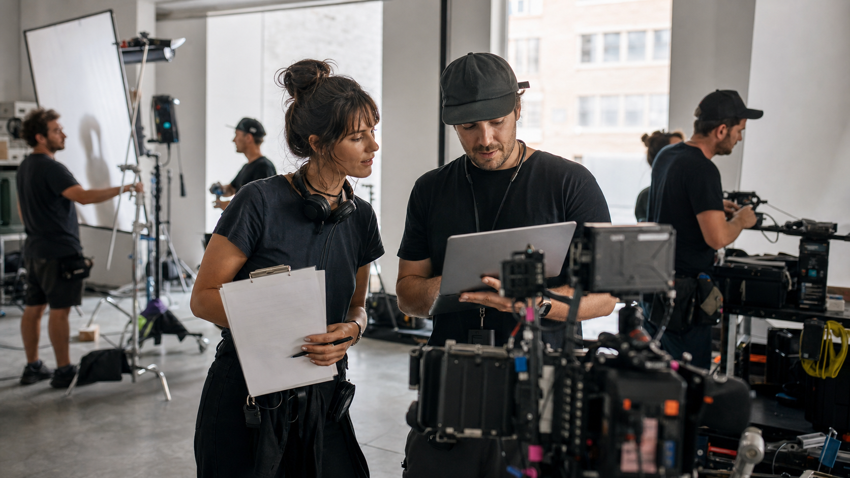 Assistant director and production coordinator coordinating a small crew with a laptop, clipboard, radios, and camera gear before call time