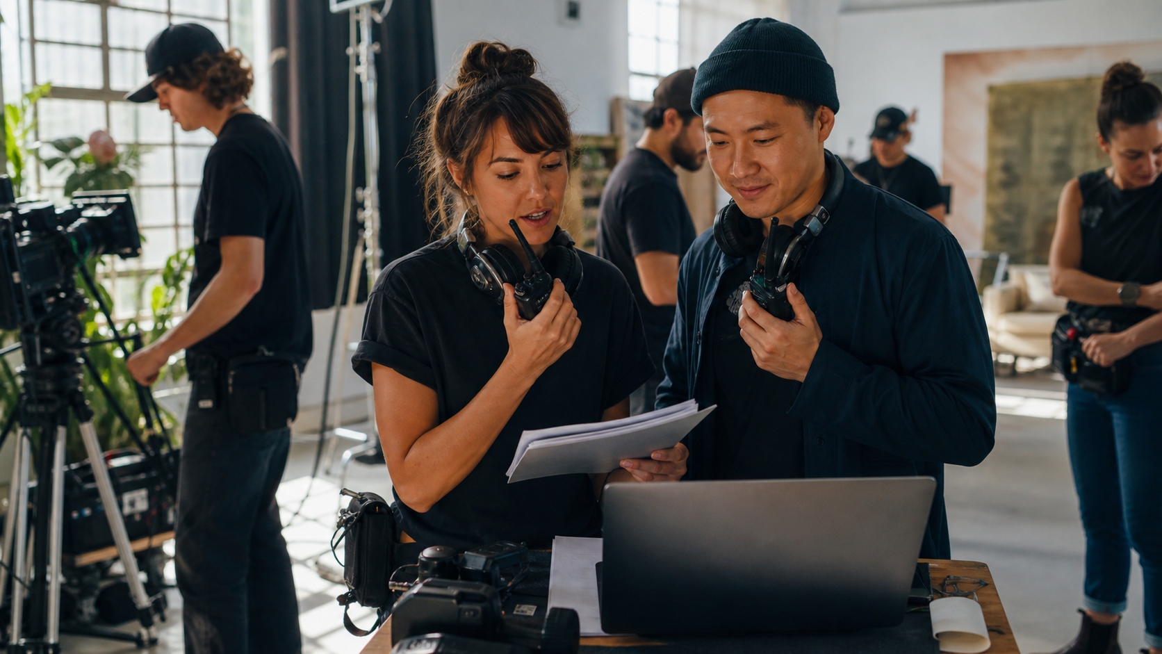 Assistant director and production coordinator checking crew logistics on a bright film set before call time