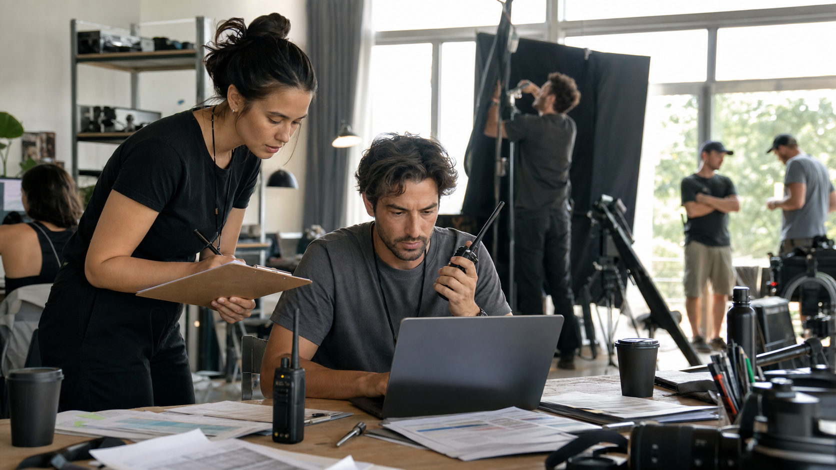Assistant director and production coordinator preparing a shoot day with laptop, clipboard, radios, schedule papers, and camera gear on a bright organized film set.