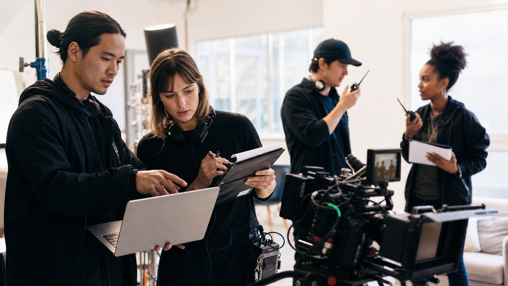 Assistant director and production coordinator checking crew call times on set before cameras roll