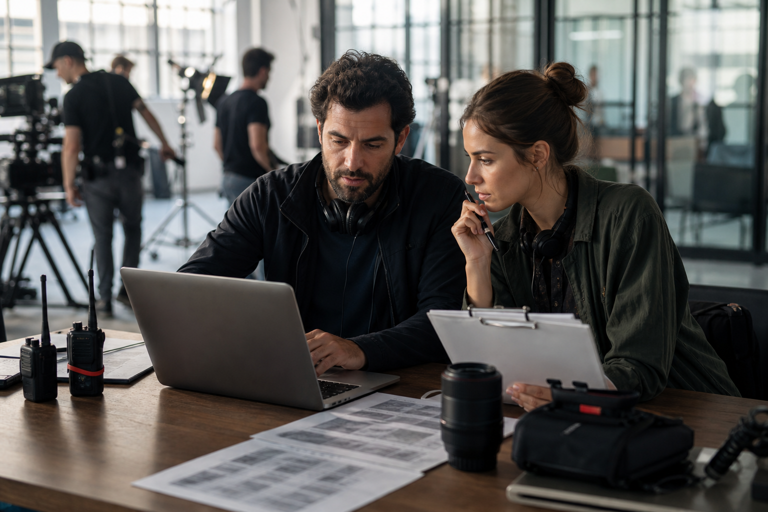 Assistant director and production coordinator preparing a shoot day with laptop, clipboard, radios, and camera gear in a bright production office