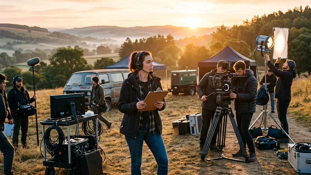 An assistant director standing on an indie film set at sunrise holding a clipboard and wearing a headset with the crew setting up a camera in the background