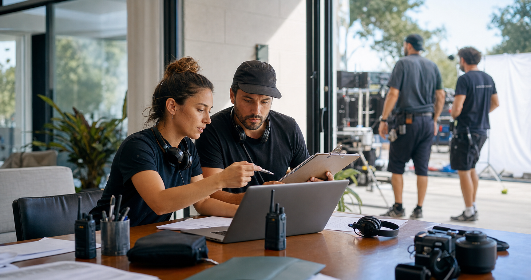 Assistant director and production coordinator preparing a shoot day with laptop, clipboard, radios, and camera gear on a modern film set