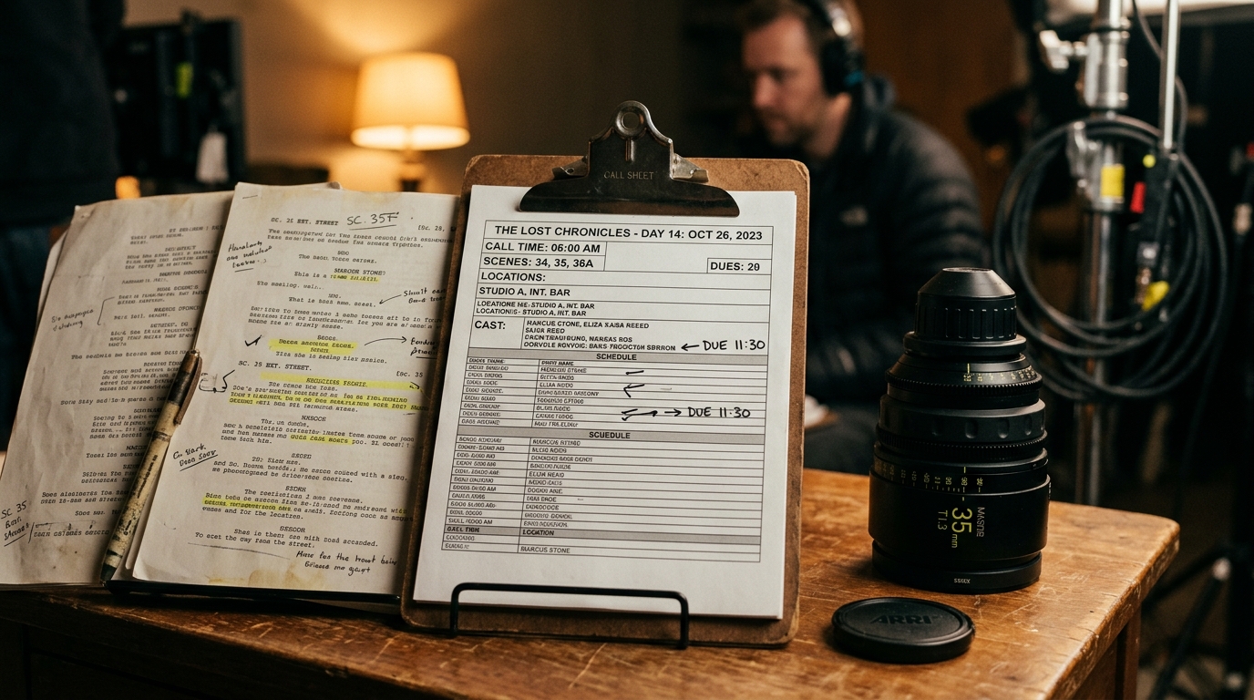 A premium cinematic photo of a professional film call sheet on a clipboard, sitting on a wooden desk next to a film camera lens, script pages with notes, and warm production lighting.