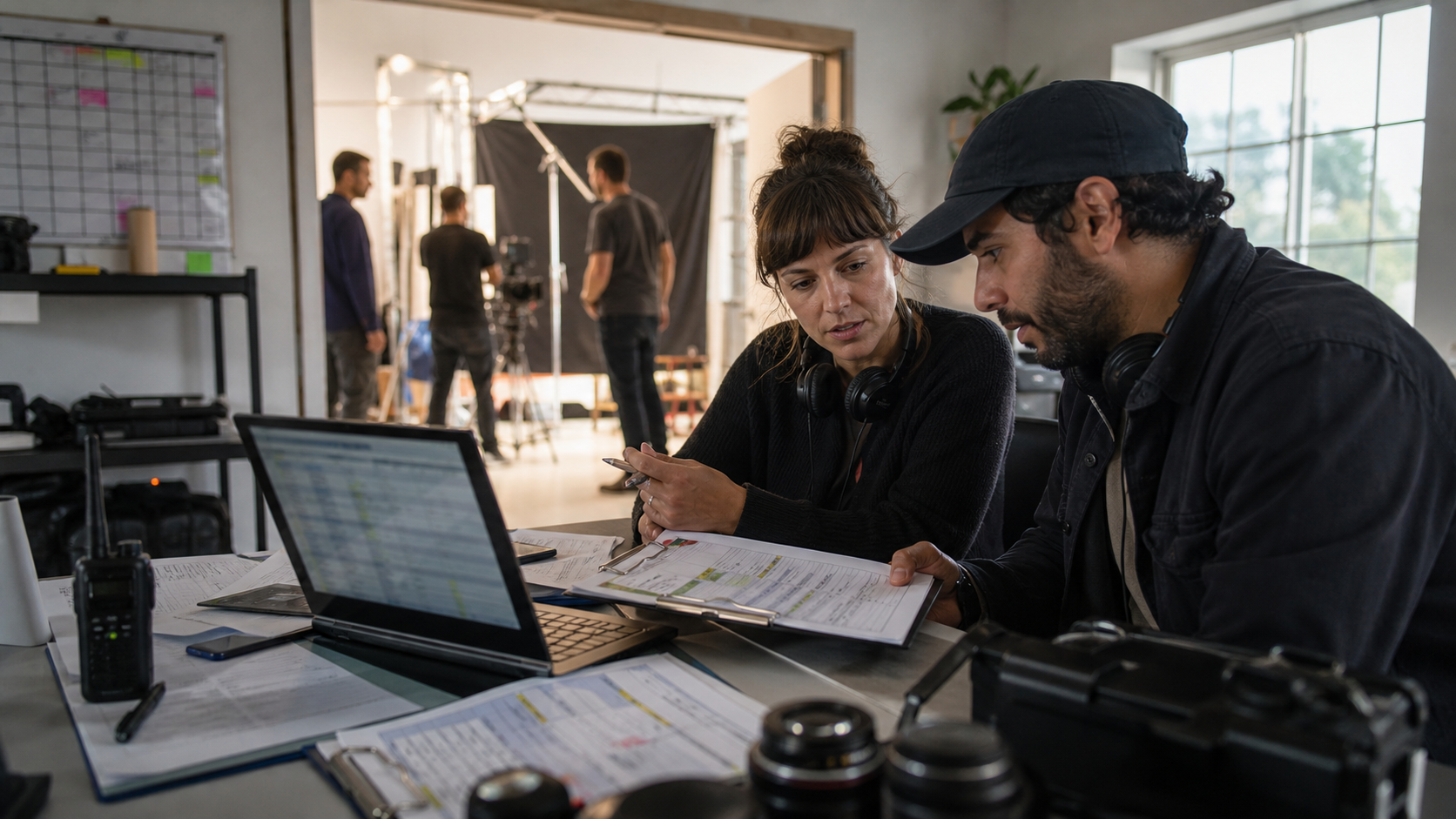 Assistant director and production coordinator preparing a shoot day with laptop, clipboard, radios, and camera gear in a bright production office