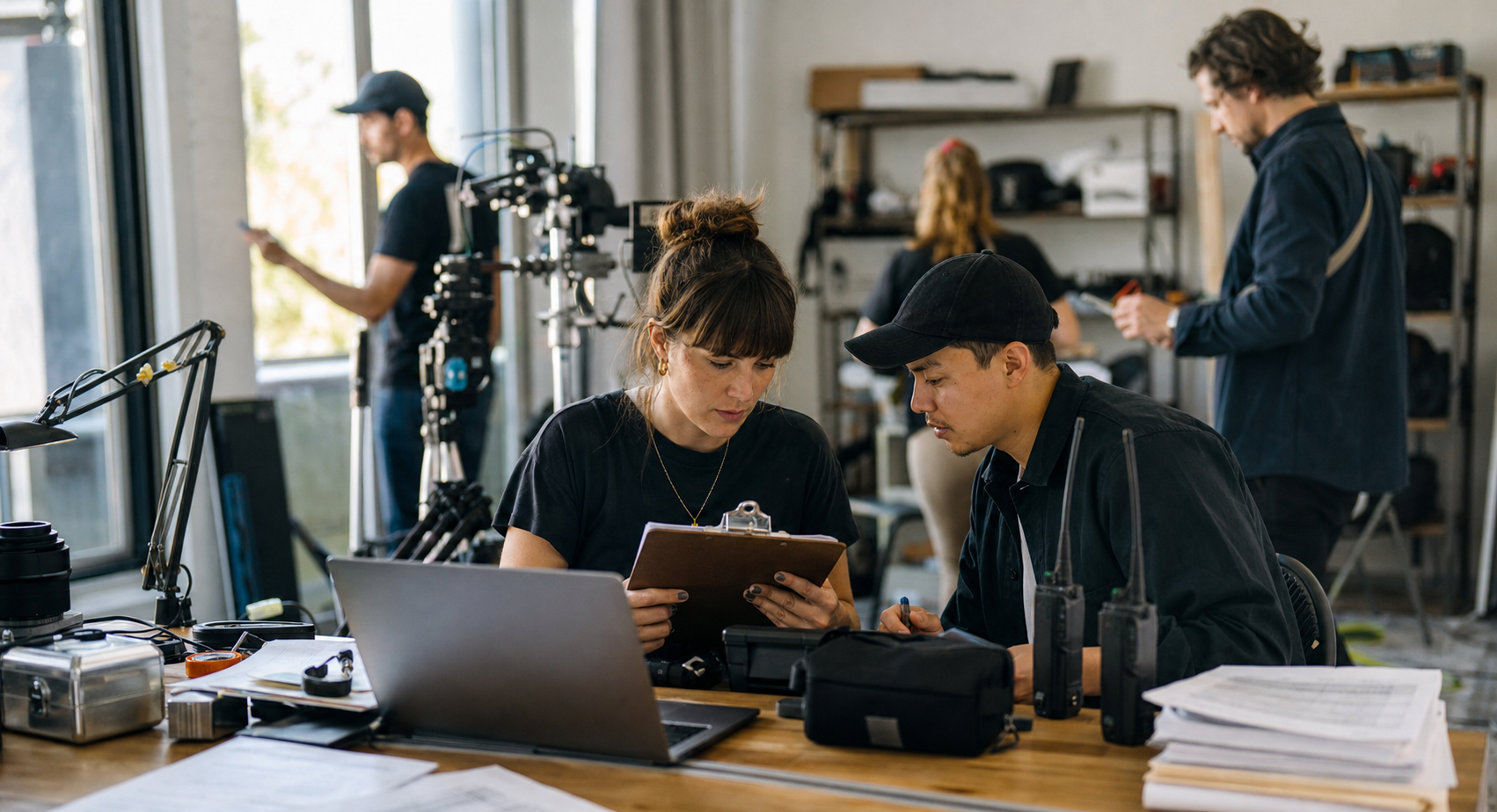 Assistant director and production coordinator preparing a shoot day with laptop, clipboard, radios, schedule papers, and camera gear on a bright film set.