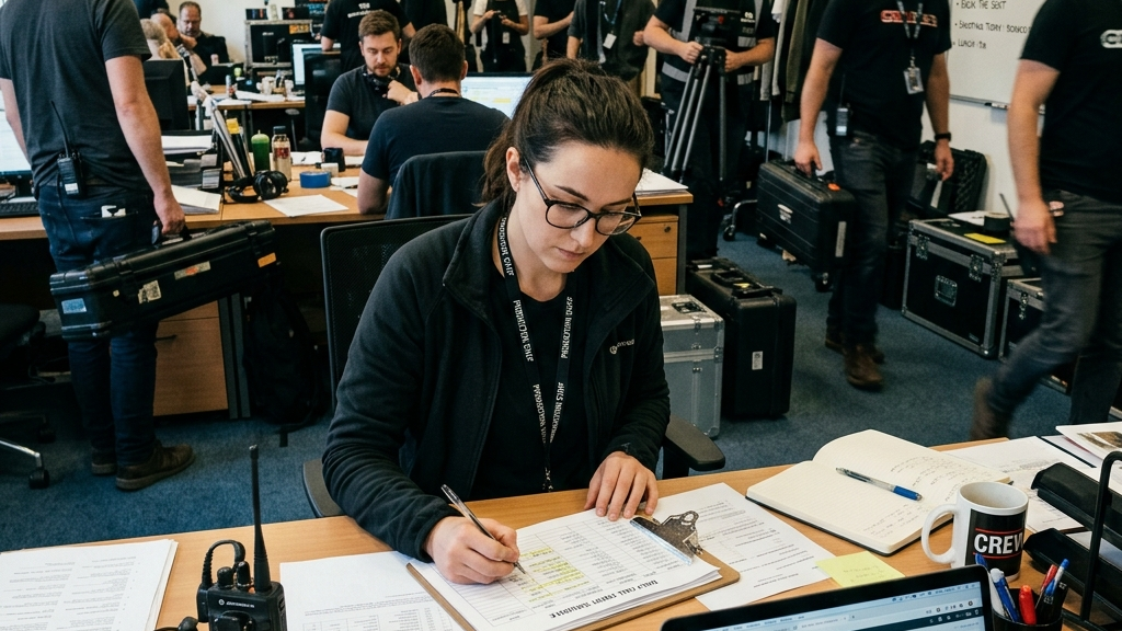 Assistant director in a busy production office using a laptop and a daily call sheet template to organize crew logistics for an independent film shoot