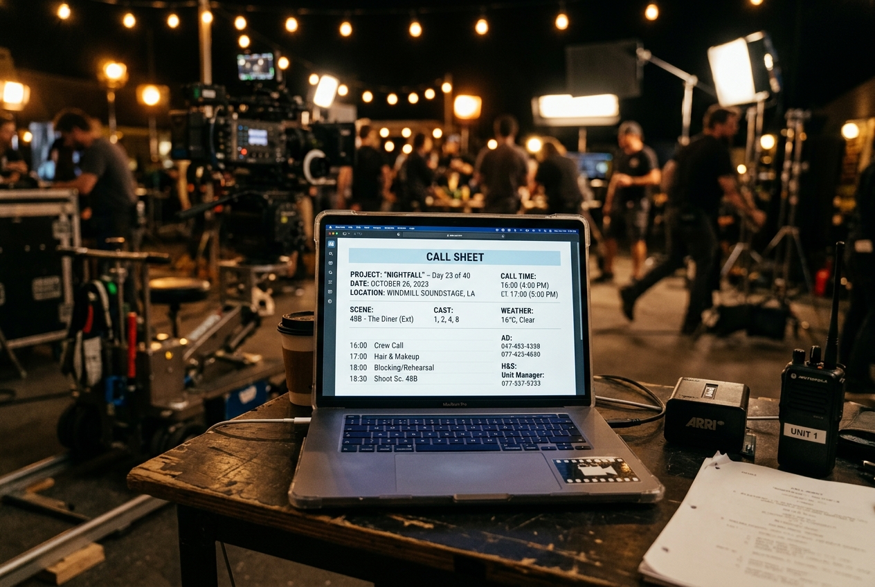 A close-up cinematic photo of a laptop on a film production set, displaying a modern digital call sheet on its screen, with soft warm lights and blurred filming equipment in the background.