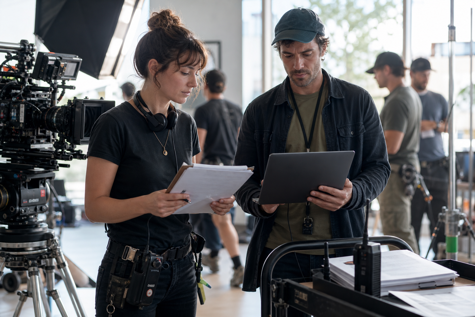 Assistant director and production coordinator organizing call sheet delivery with crew on a bright film set
