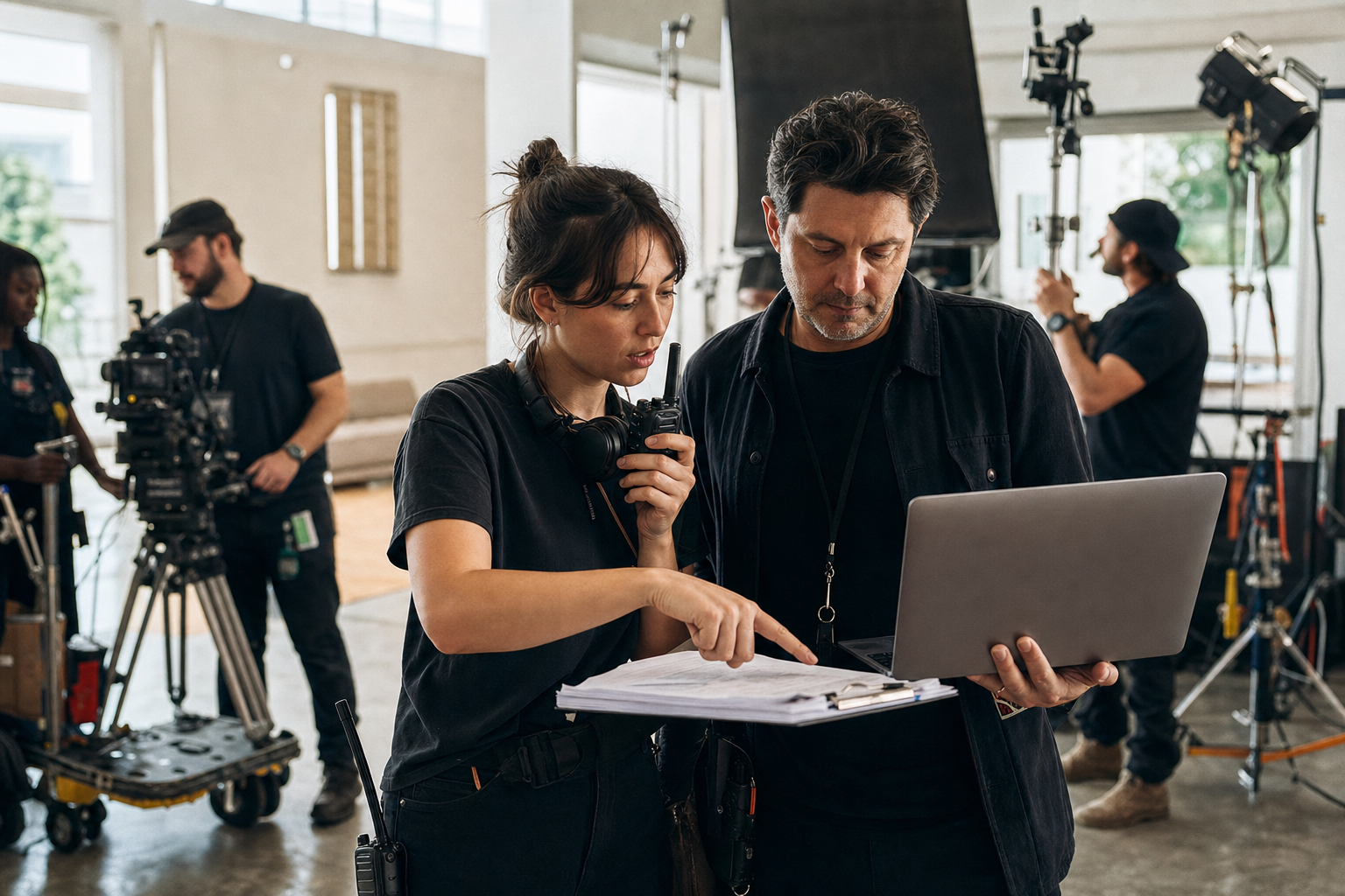 Assistant director coordinating a small film crew before call time with a laptop, radio, schedule papers, and camera gear on set.